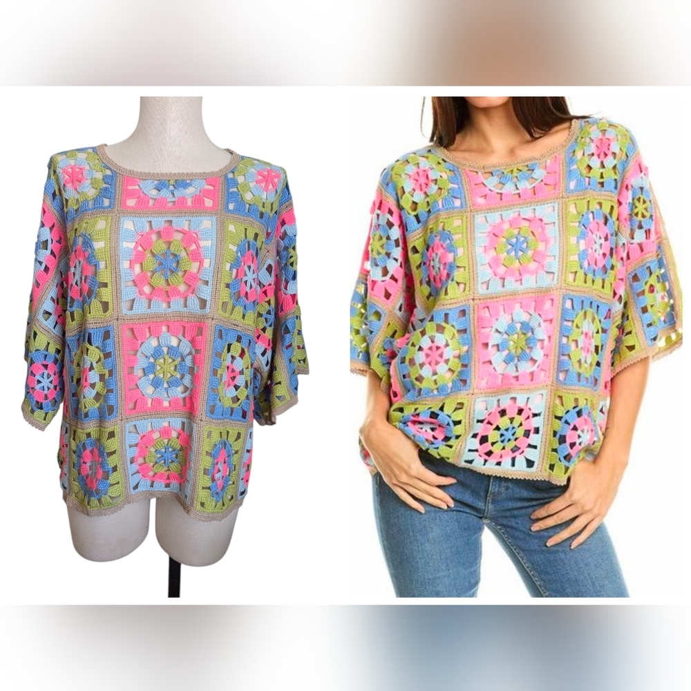 Johnny Was Florabelle Crochet Granny Square Cover Up Top Small
